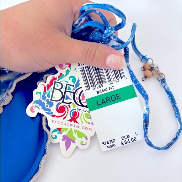 NWT BECCA Blue Patterned Bikini 2-piece Set Swim Tank Top + Bottom Size Large - Picture 4 of 10